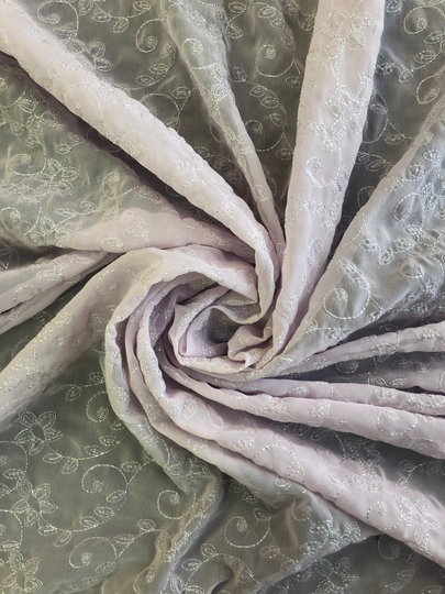 58" Wide Pink Silver Metallic Embroidered Floral Sheer Chiffon Fabric