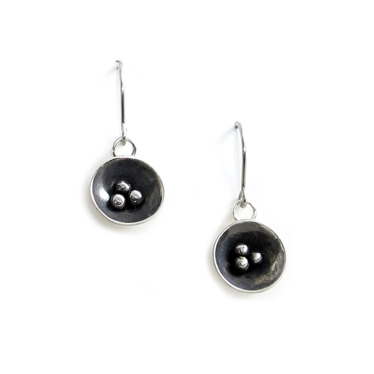 1/2" Sterling Silver Seed Pod Earrings, Black Silver, Small Round Drop Petite Dangle Ball Circle Dots
