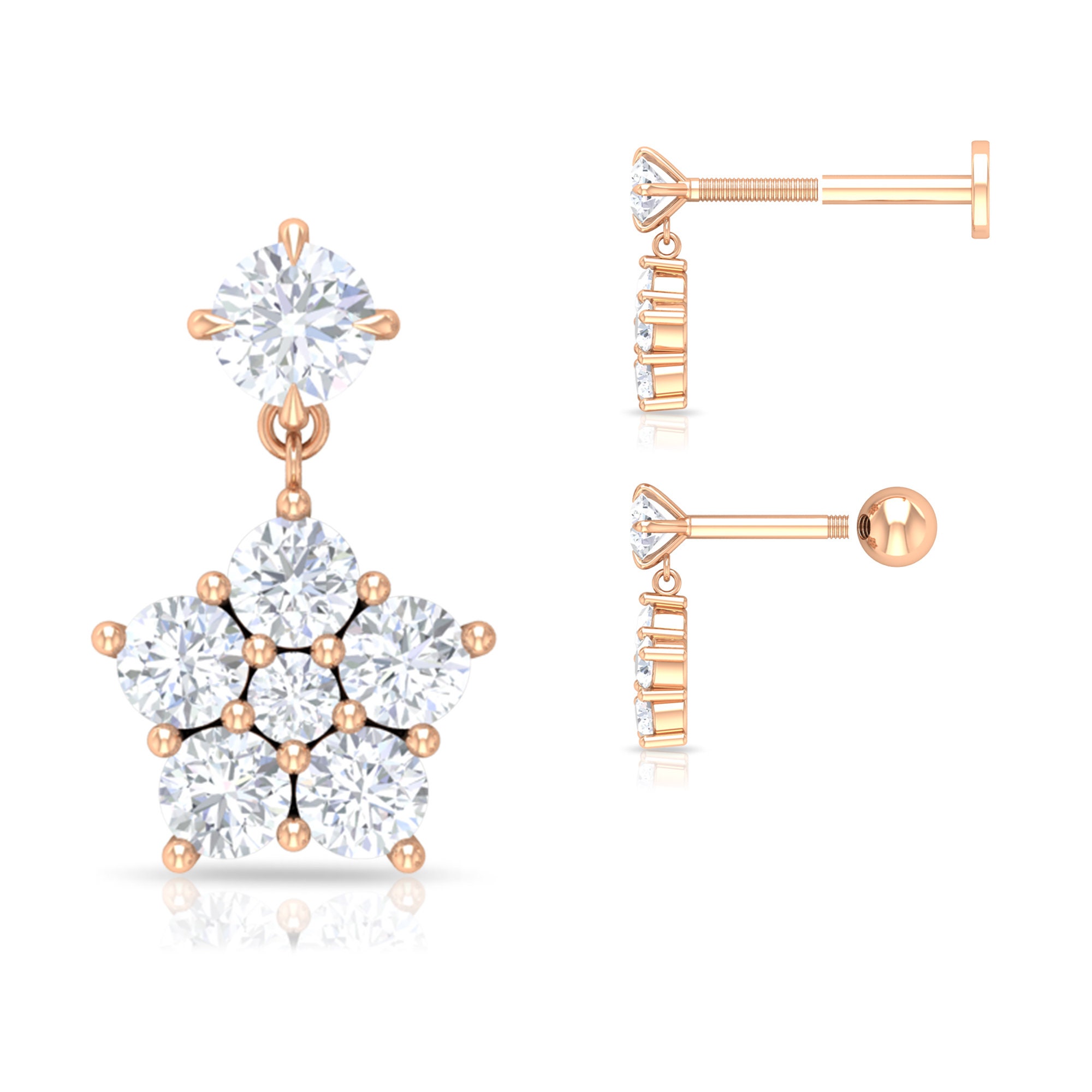 Floral Drop Earrings, 1/2 Ct Diamond Cartilage Body Jewelry