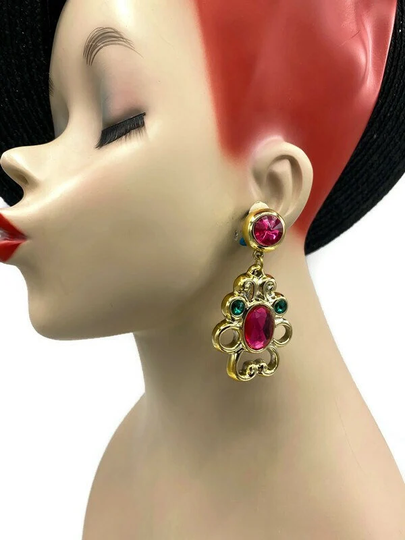 Vtg Pink Green Lucite Fun Oversized Dangle Earrings Festival Party Carnival 1980S A2