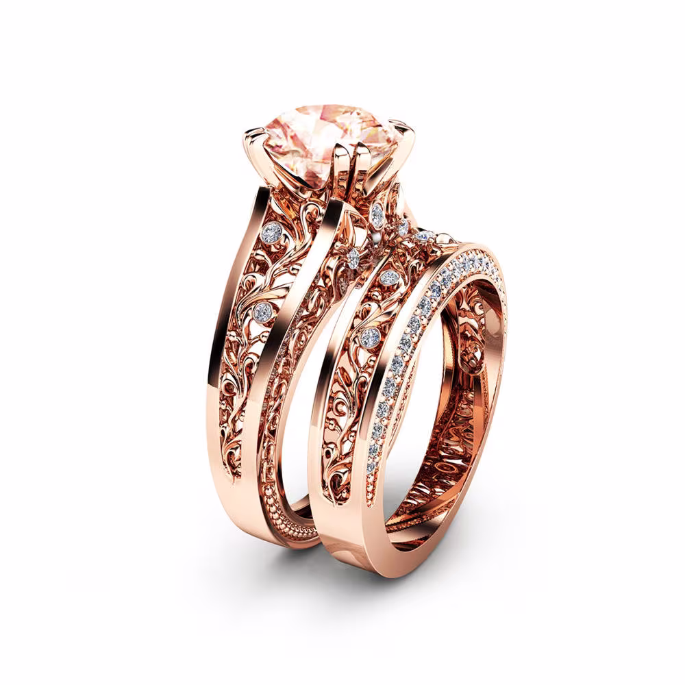 Rose Gold 2 Ct Morganite Bridal Ring Set, Engagement Wedding Set