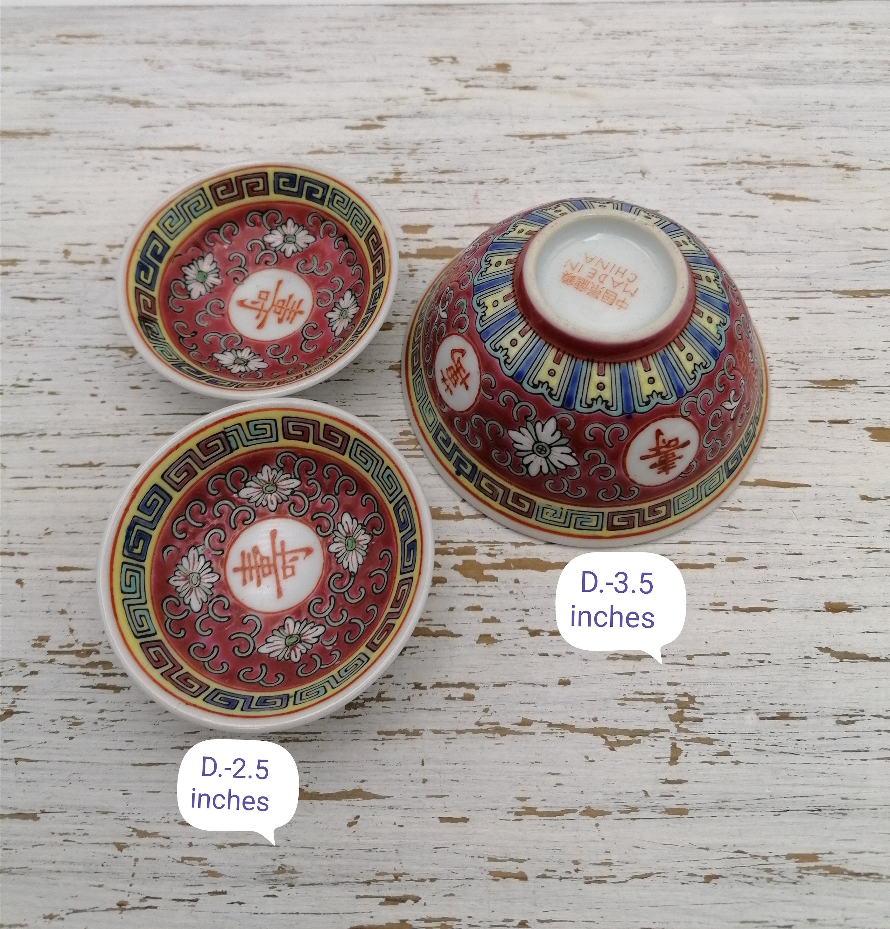 Set Of 3 Small Chinese Soup Bowls , Red Cinese Noodle Bowl Spoons, Oriental Set, Asian Bowl, Mun Shou