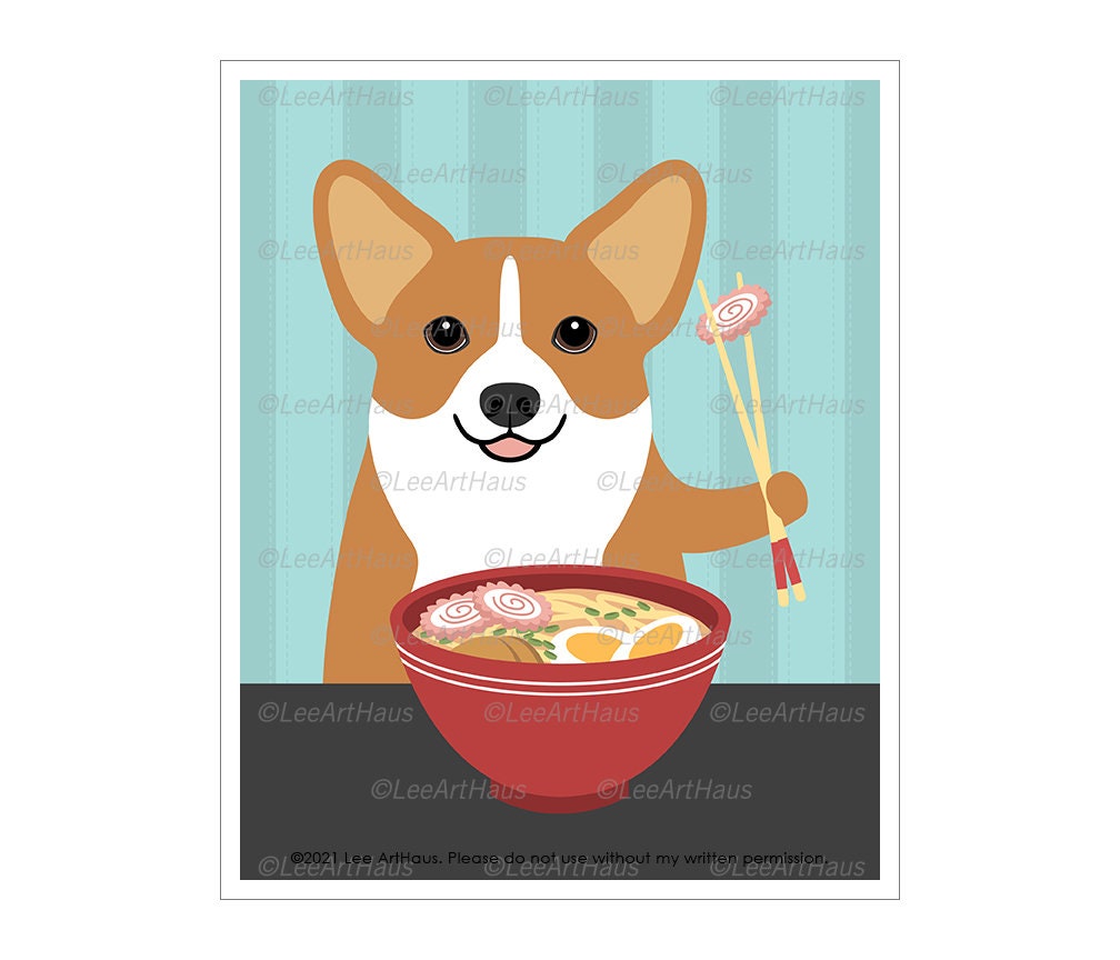 188D Corgi Dog Eating Bowl Of Ramen Noodles Wall Art - Gifts Print Drawing Prints