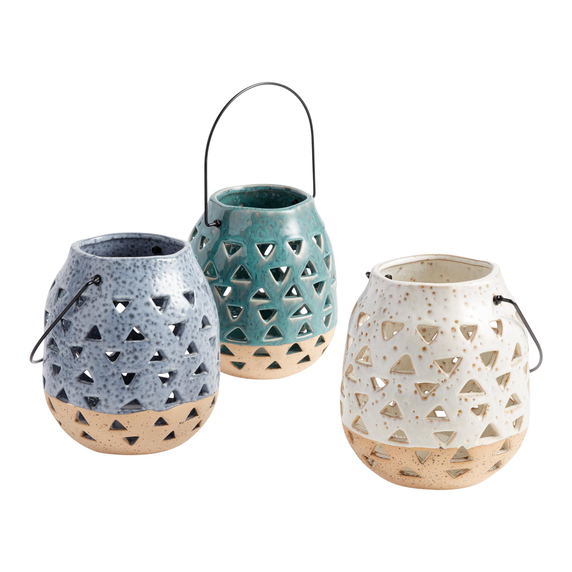 Two Tone Ceramic Cutout Hurricane Candleholder with Handle: White/Natural by World Market