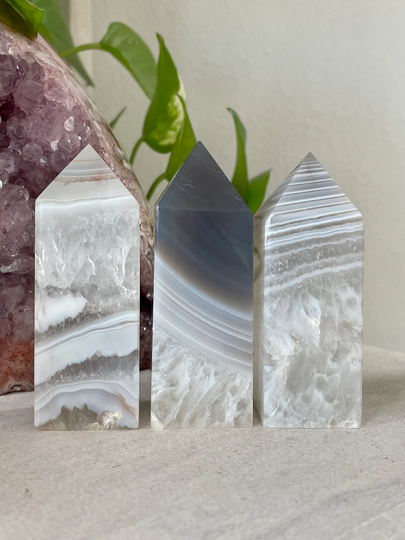 Banded Blue Agate in Quartz Tower // Polished Crystal Point, Striped White Clear Stone, Natural Mineral Rock, Spiritual Healing Decor Gift