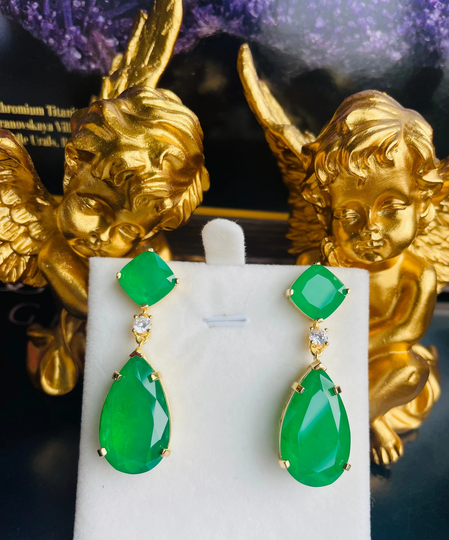 Angelina Jolie Jumbo Size Emerald Earring, Long Dangle Tassel Emerald, Fabulous Exquisite Earring Style Art Deco Design 18Kgp