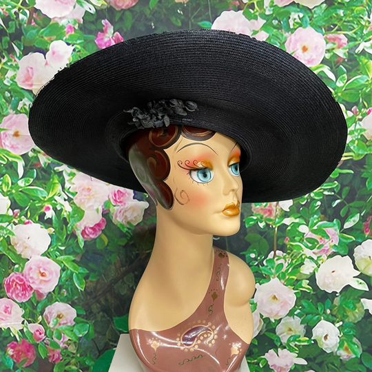 Edwardian 1910 Navy Blue Straw Portrait Hat Silk Lining Flowers
