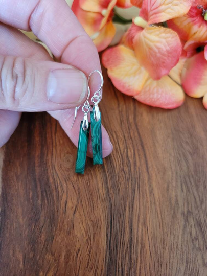 Dainty Rectangle Malachite Earrings. Sterling Silver Earrings