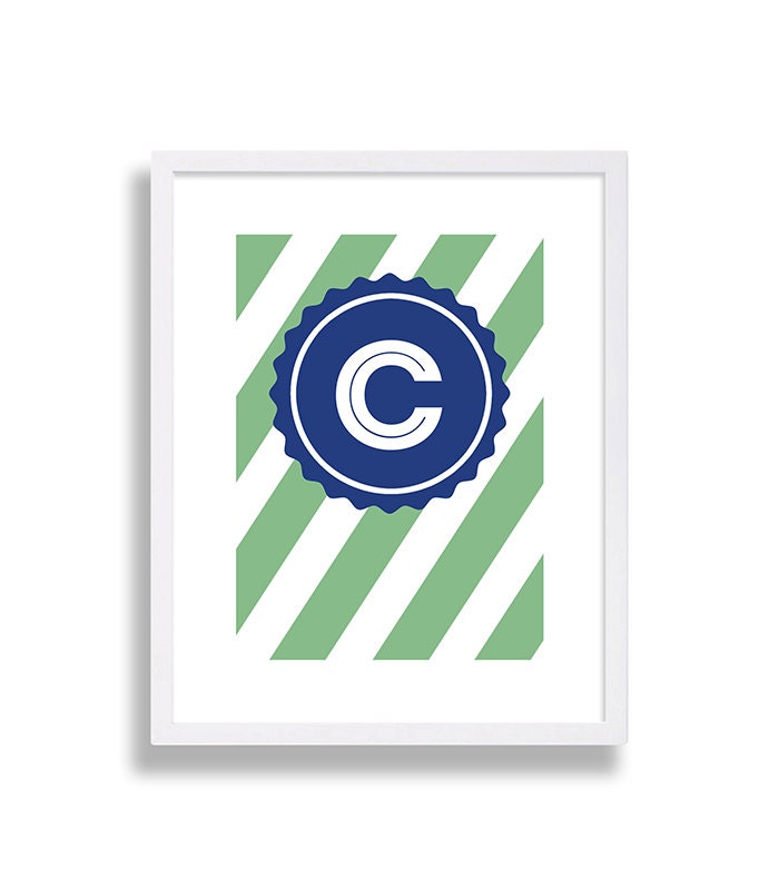 Personalized Nursery Decor Monogram Print Home Customized Prints Baby's Room Green & Blue Kids Art Preppy