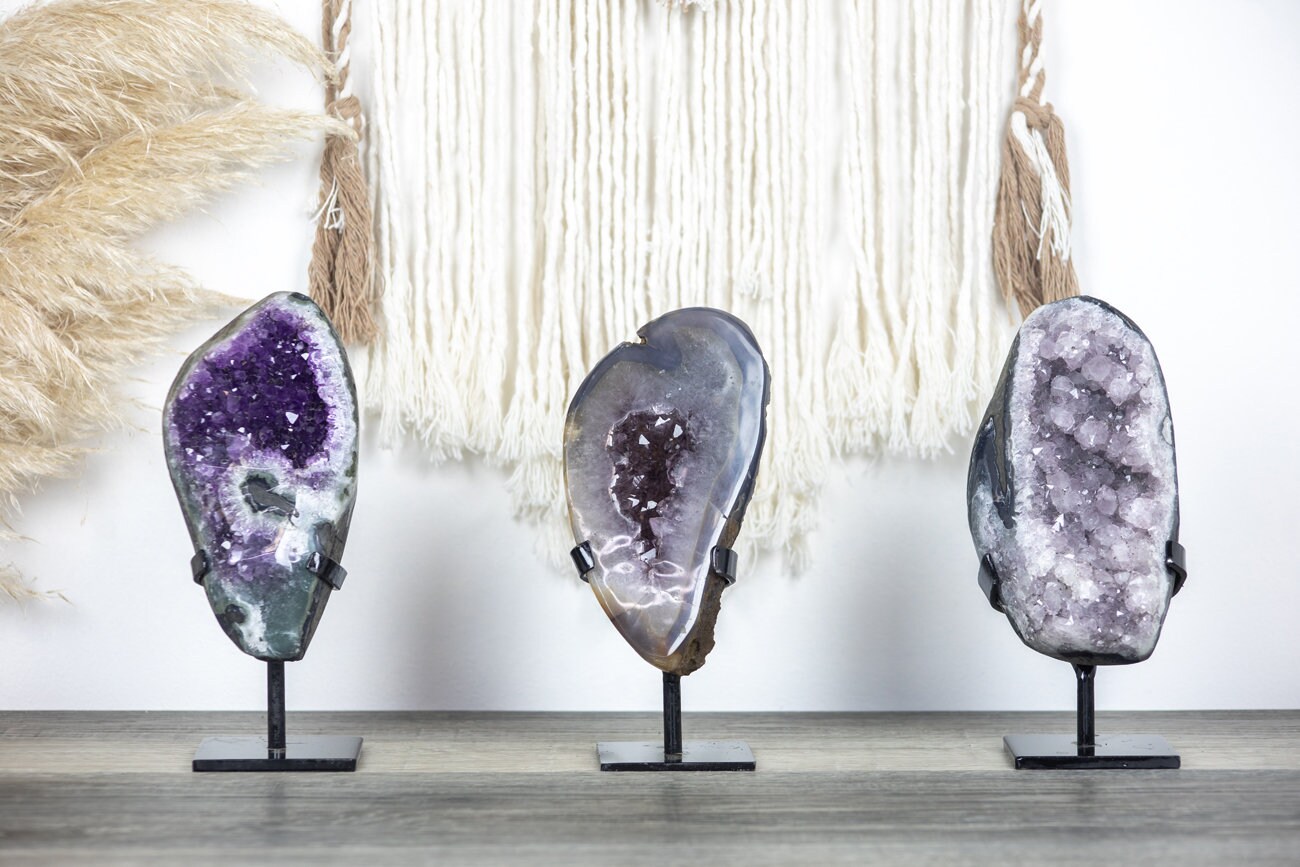 3 Pieces Lot, Cathedral, Standing Amethyst, Uruguayan Amethyst Cut Base, Polished Wholesale Supplier - Mmlt0061