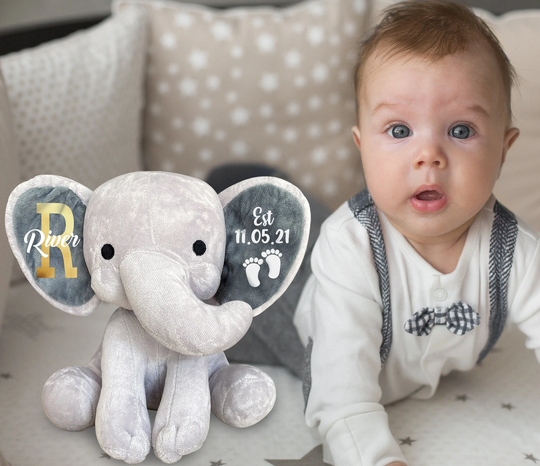 Personalized Elephant, Custom Elephant Toy, Birth Announcement Keepsake, Baby Shower Gift, Newborn Gift, New