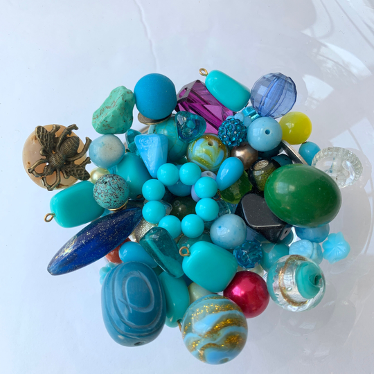 Lenora Dame Raw Materials Upcycled Bead Soup Mix in Aqua & Blue Tones - Jewelry Making Supplies 4x4-Inch Bag