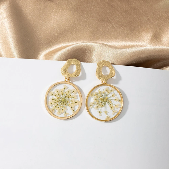 Handmade Real Flower Resin Earrings, Dry Pressed Round Flower Disc Hoop Drop Earrings, Gift For Her