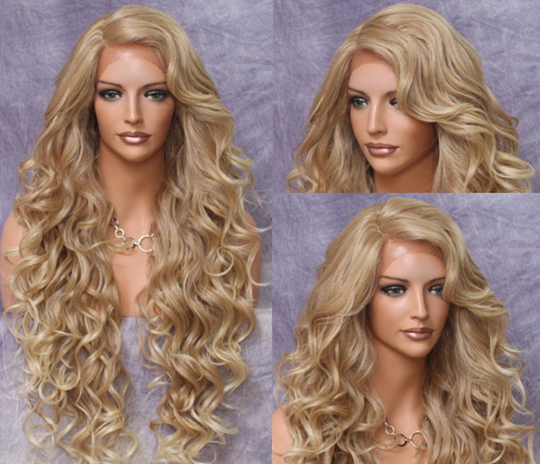 Extra Long Human Hair Blend Lace Front Wig 38" Curly Carmel Blonde Mix Heat Safe Cancer/Alopecia/Theater/Cosplay/Club