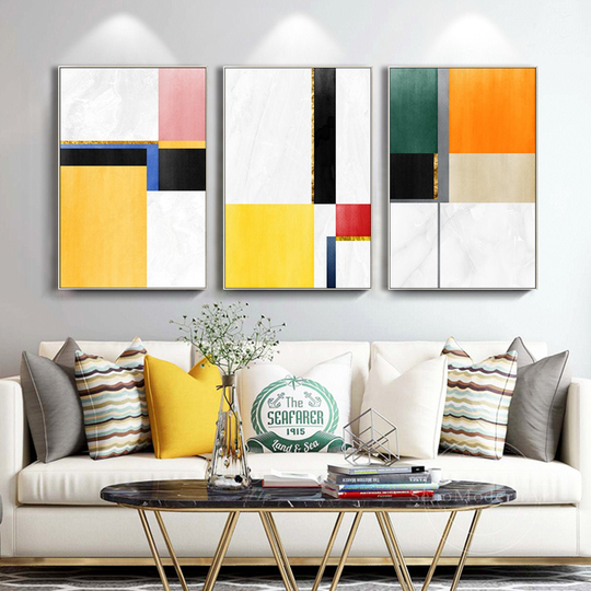 Set Of 3 Frame Wall Art Abstract Geometric Navy Blue Black & White Yellow Print Painting On Canvas Printable Prints