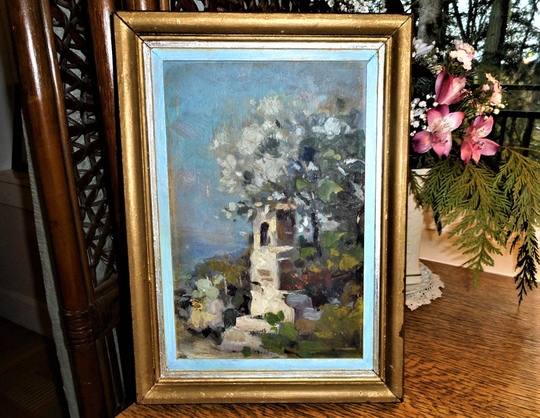 Antique French Provence Coastline Rare Gabriel Deschamps Church Landscape Painting Rustic Old World Bohemian Religious Primitive Wall Decor