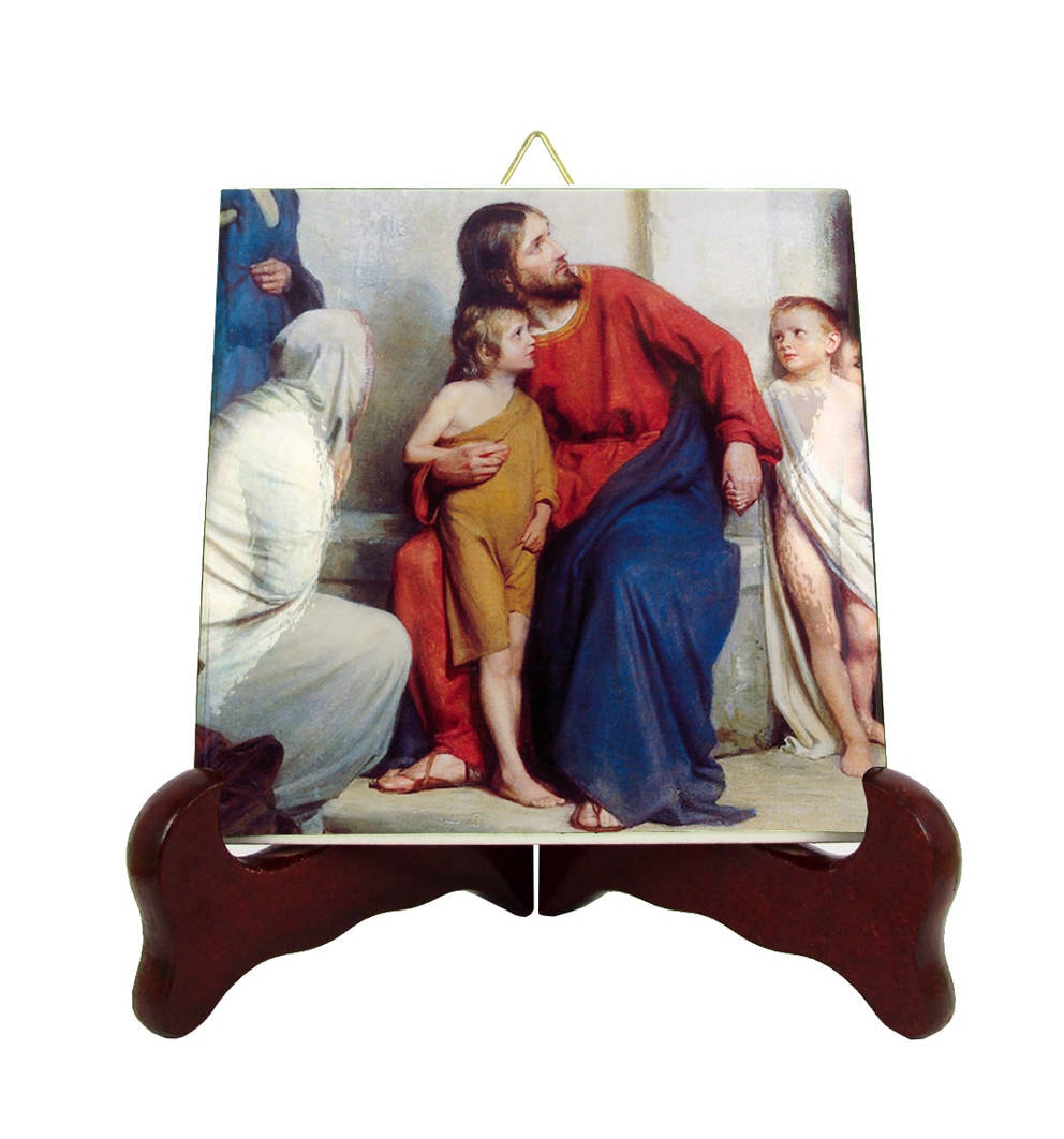 Christian Gifts - Jesus With Children Religious Icon On Tile Plaque Catholic Wall Decor Hanging Devotional Art