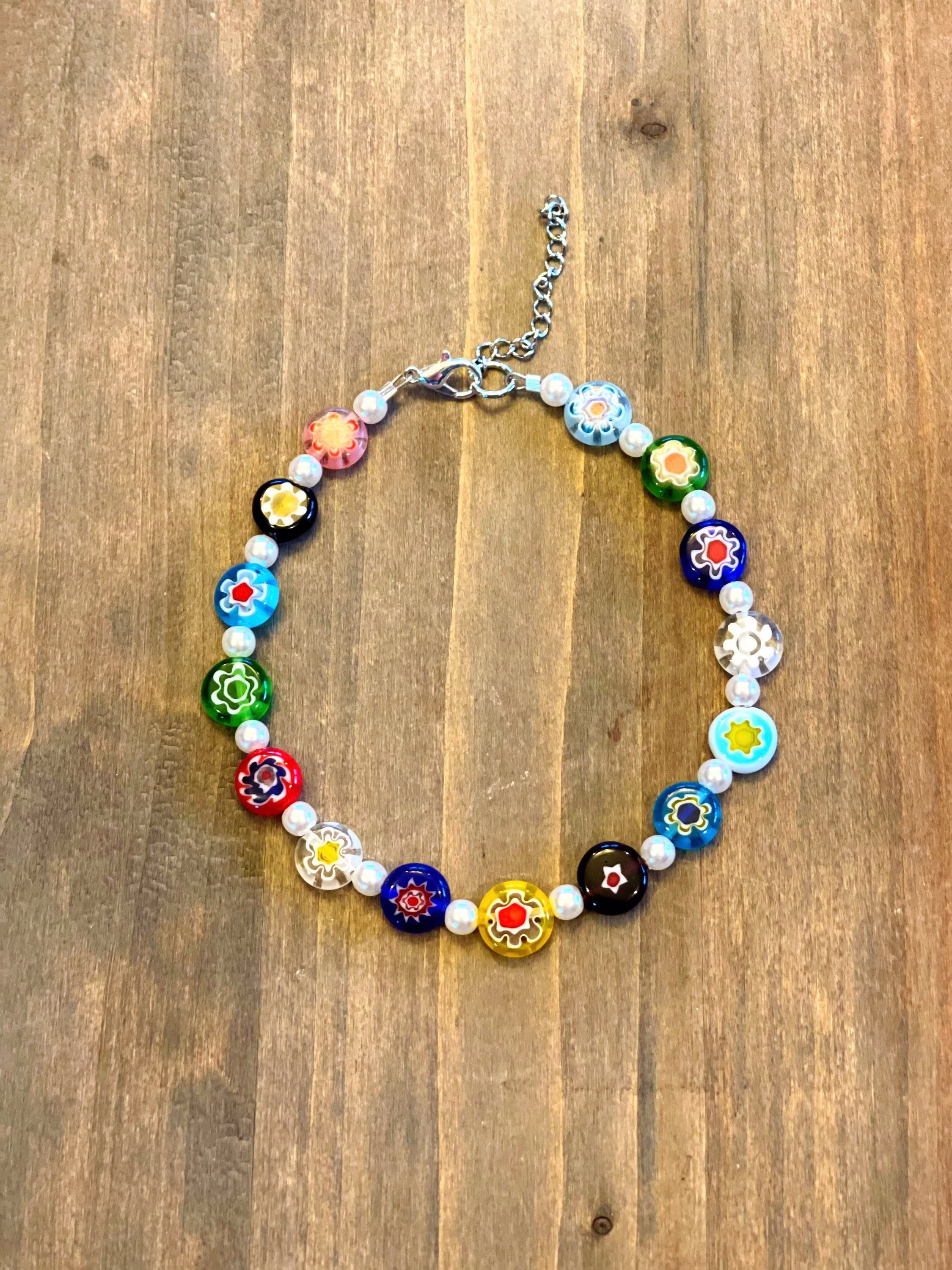 Harry Styles Ankle Bracelet, Millefiori Anklet, Rainbow Beaded & Pearl Trendy Pearl Surfer Anklet