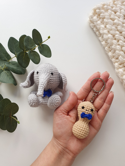 Set Crochet Elephant Boy & Peanut Keychain, Tiny Elephant, Amigurumi Rattle Toys, Father's Day Gift, Animal Toy, Keychain