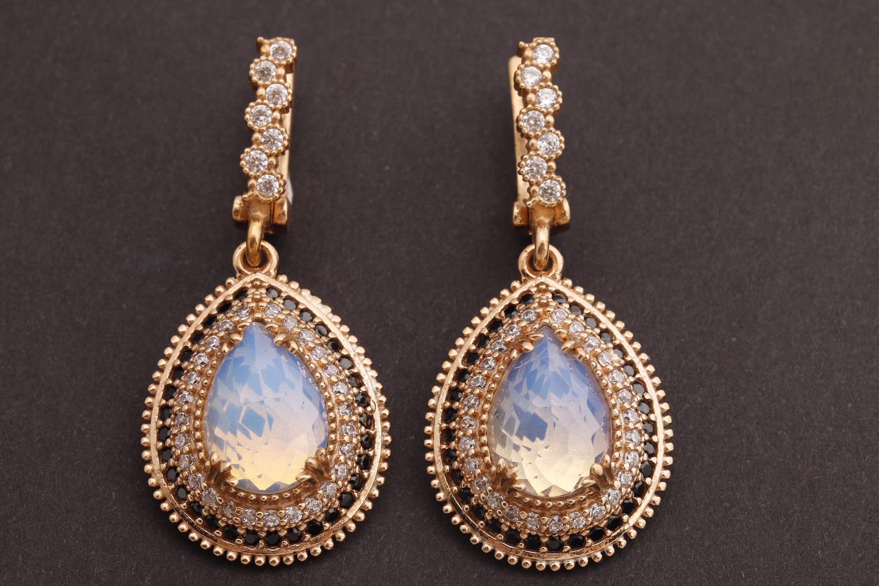 Turkish Handmade Jewelry Drop Shape Pear Cut Moonstone & Round Black Onyx Topaz 925 Sterling Silver Bronze Earrings