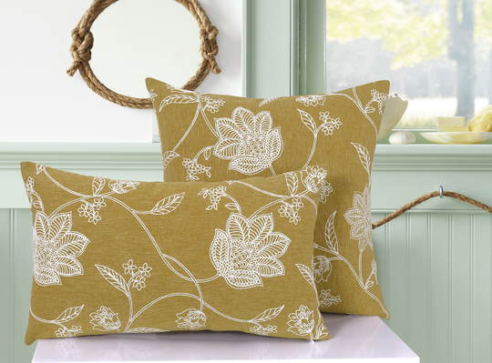 Ihf Linen Blend Embroidery Floral Pattern Textured Designer Decorative Square Lumbar Throw Pillow Cushion Cover Mustard Yellow