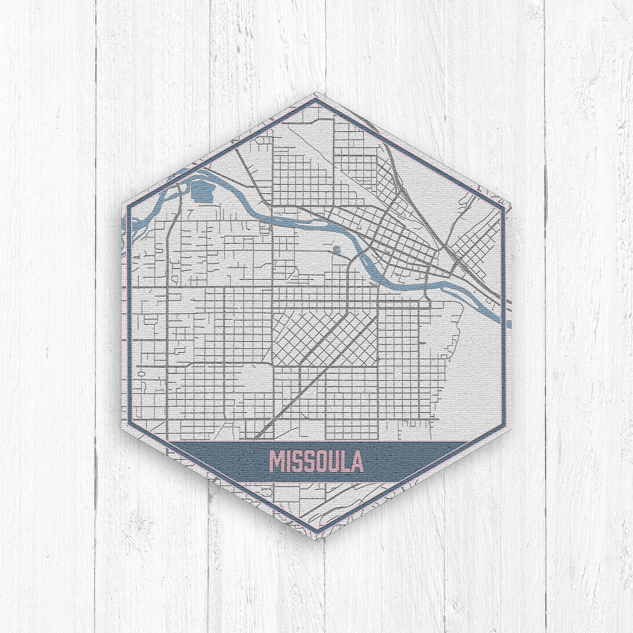 Missoula Montana Street Map, Hexagon, Gray & Blue Print, Hexagon City Canvas