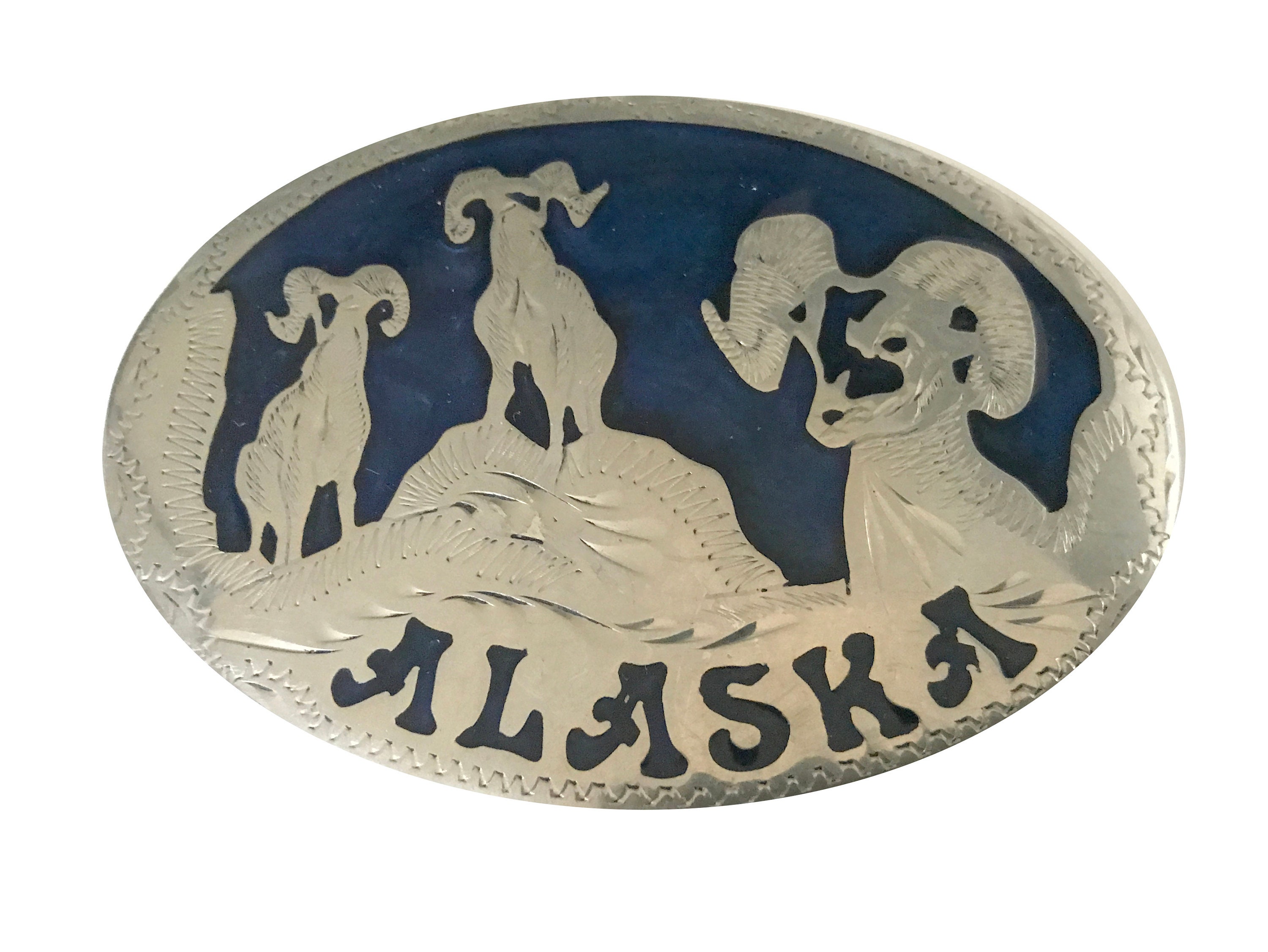 Vintage Alaska Belt Buckle - Bighorn Ram Denali State Park Tree Inlay Juneau Silver Animal