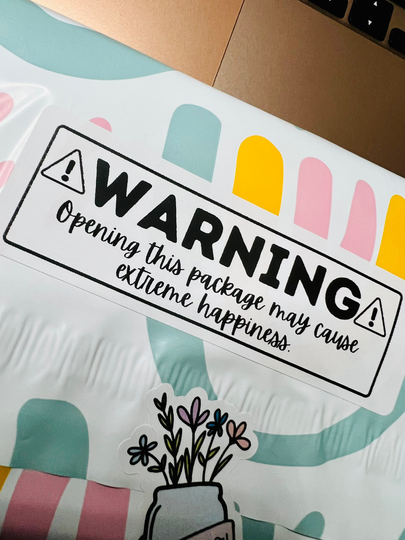 Black & White Warning Opening This Package Will Cause Extreme Happiness Thank You Stickers, 25 Stickers Per Pack