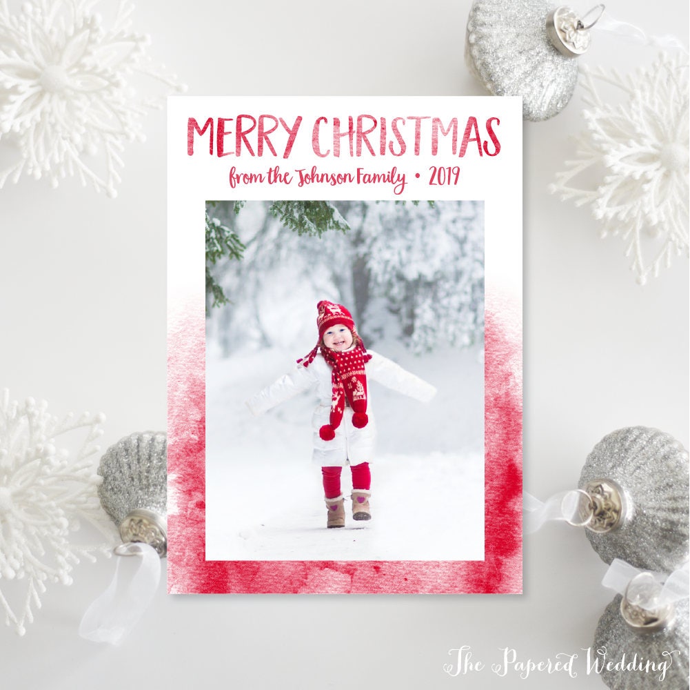 Printable Or Printed Red Watercolor Christmas Cards - & White Photo Holiday Merry 019 P1