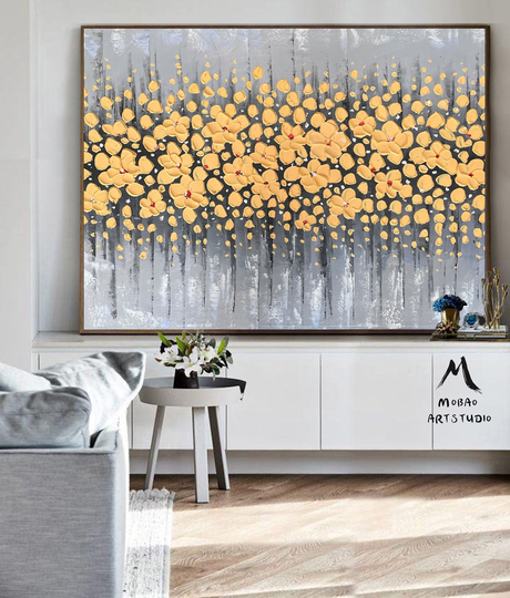 Yellow Flower Painting On Canvas, Original Painting, Flower Art, Floral Wall Art, Gray Art, Modern Art, Wall Decor Living Room, Large Art