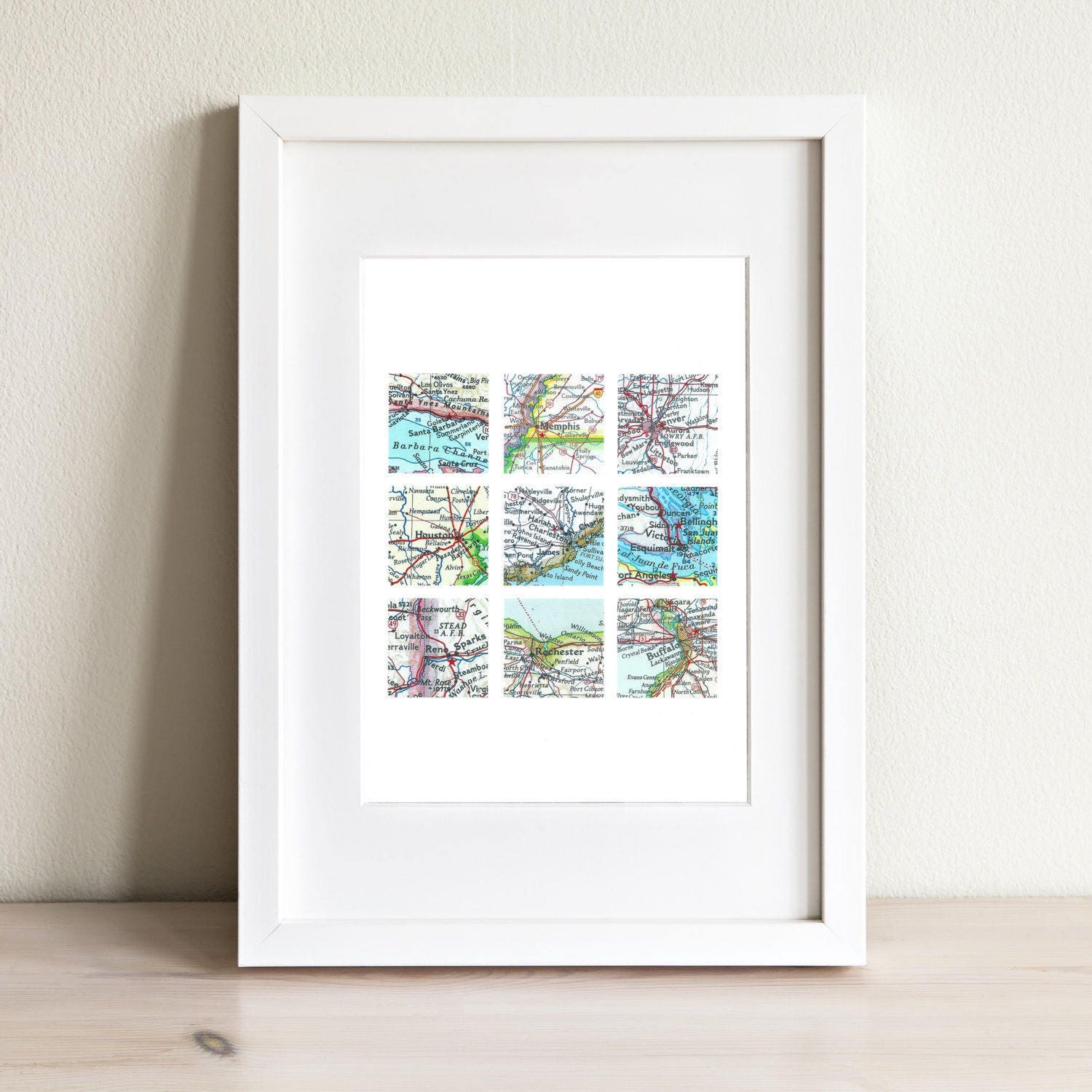 Custom Nine Square Map Art Print. Print Only No Frame. You Select 9 Cities Worldwide & Your Personalized Text. Gift For Men Dad Grandpa