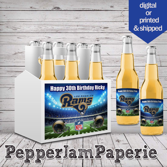 Personalized Beer Bottle Labels & Carrier - Los Angeles Rams Bottles- Birthday Party Gifts- Printable-Digital- Favors