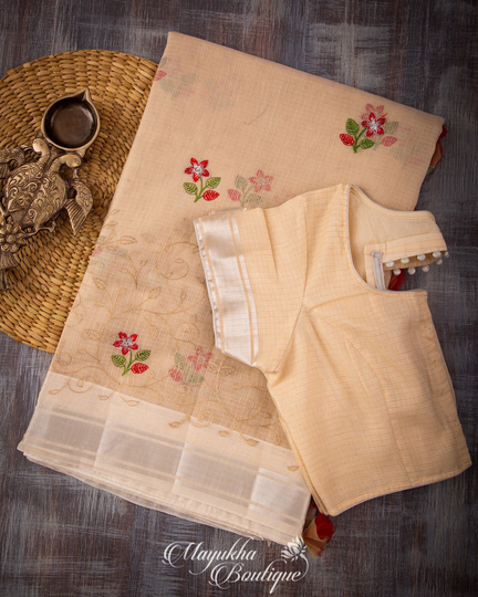 Pastel Peach Kota Blends With Thread Embroidery & Stitched Blouse in Size 38-44 | Mayukha Boutique