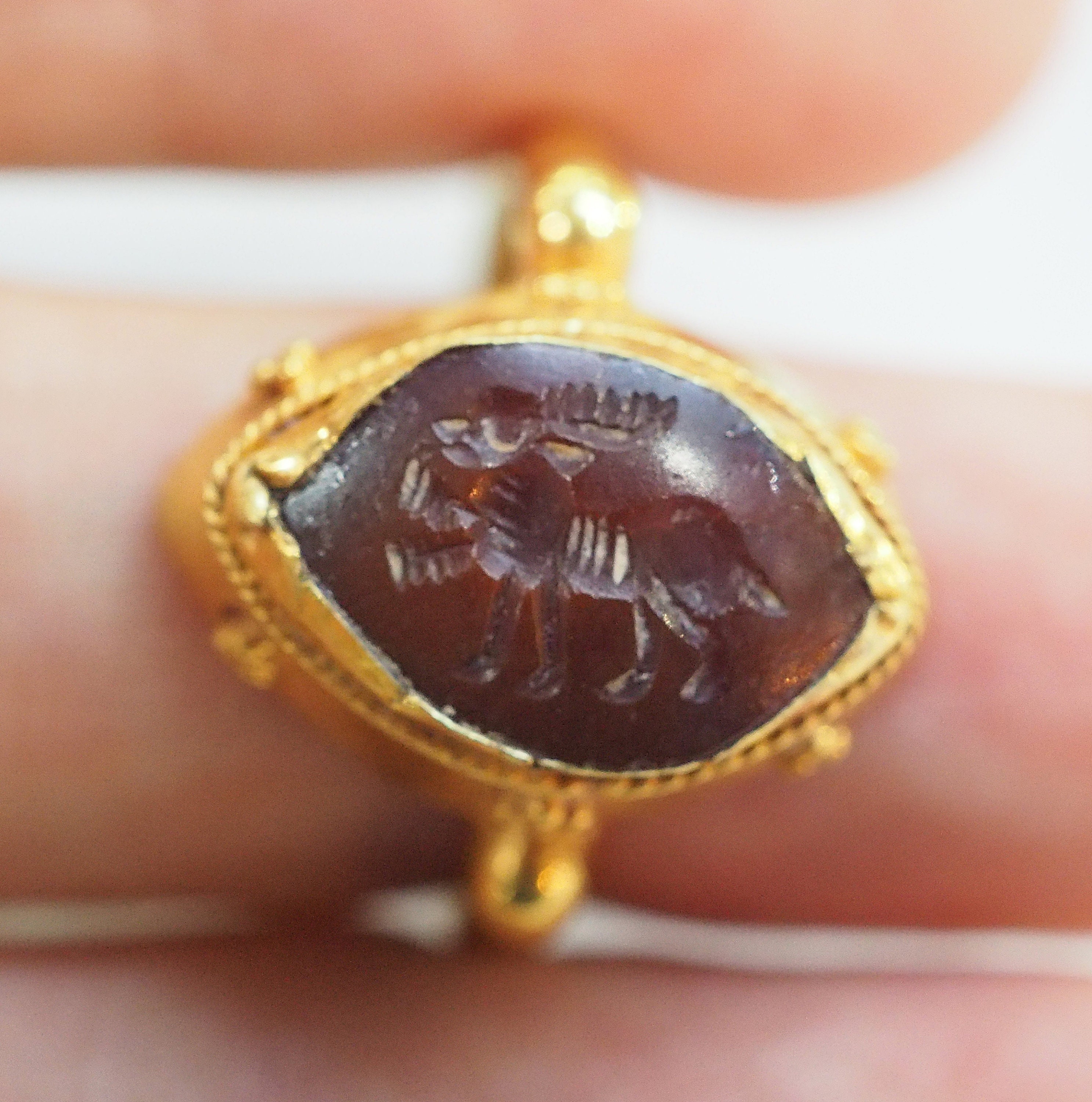 Antique Carnelian Genuine Solid 22K Gold Intaglio Military Ram Deer Signet Ring