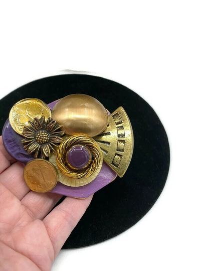 Vintage Artisan Purple Cabochon Semi Mixed Media Coin Resin Brooch Pin V15