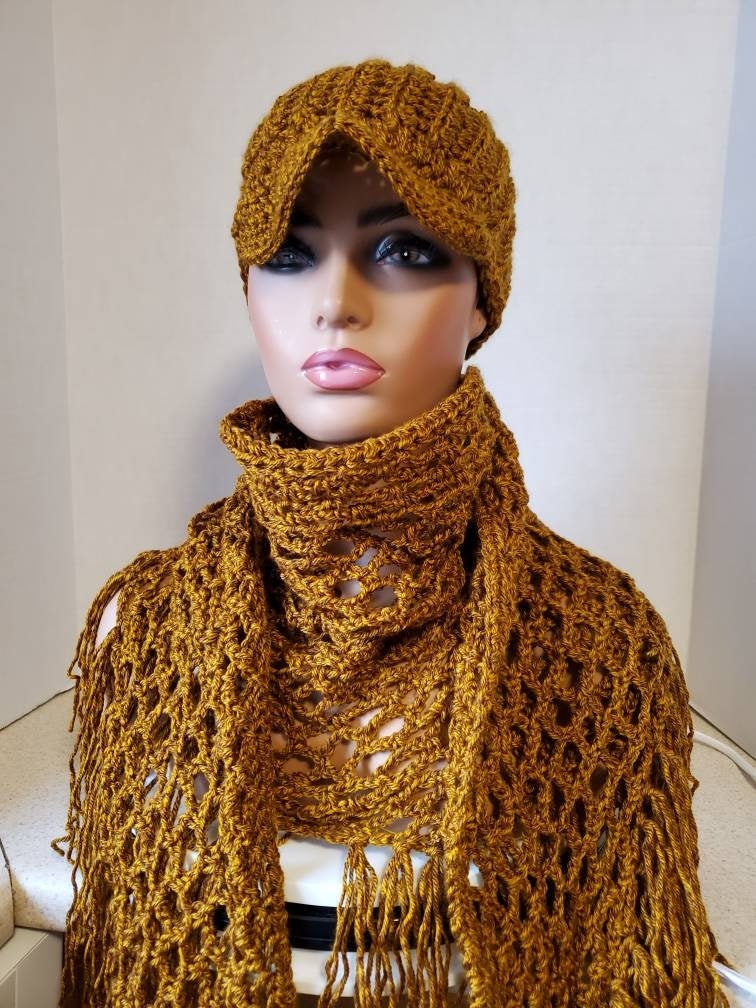 Gold Blend - Cap & Scarf Cowl Shawl Handmade Crochet Set-Newsboy Set
