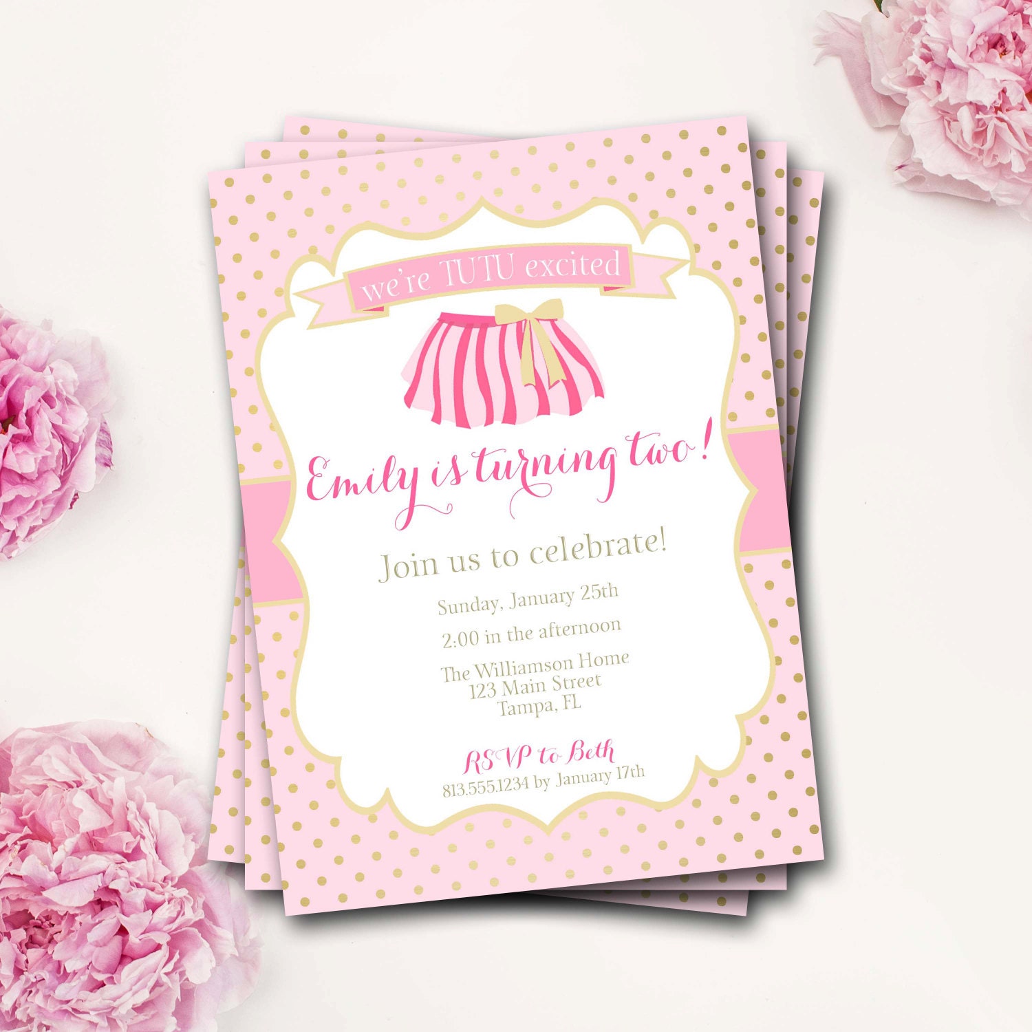 Tutu Birthday Invitation, Ballet Ballerina Pink & Gold, Party, Invitation