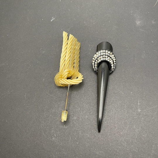 Set Of 2 Long Pins, One Celluloid Stick Pin & Black Metal With Clear Rhinestones