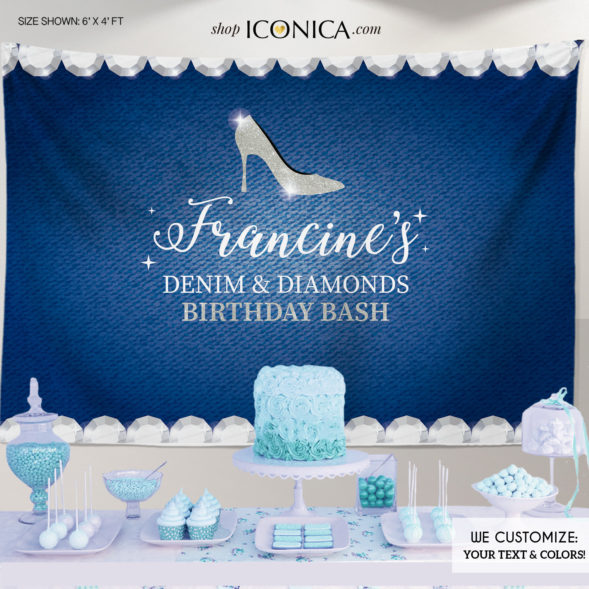 Denim & Diamonds Birthday Party Backdrop, Denim Banner, Any Event Gold Silver, Printed Or Printable File Bbd0061