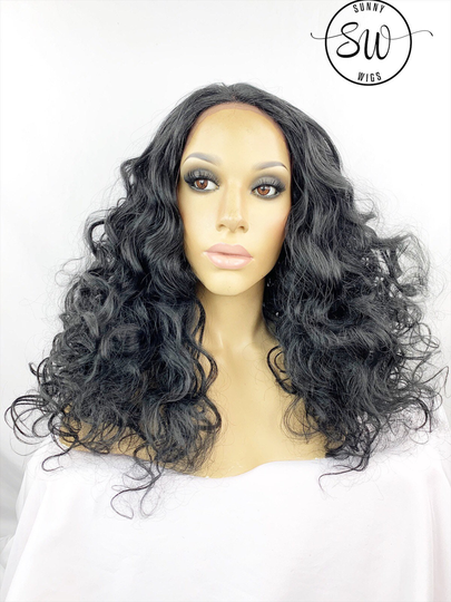 Human Hair Blend Wig Lace Front Full Medium Curly Free Parting Black Heat Ok New | Safe