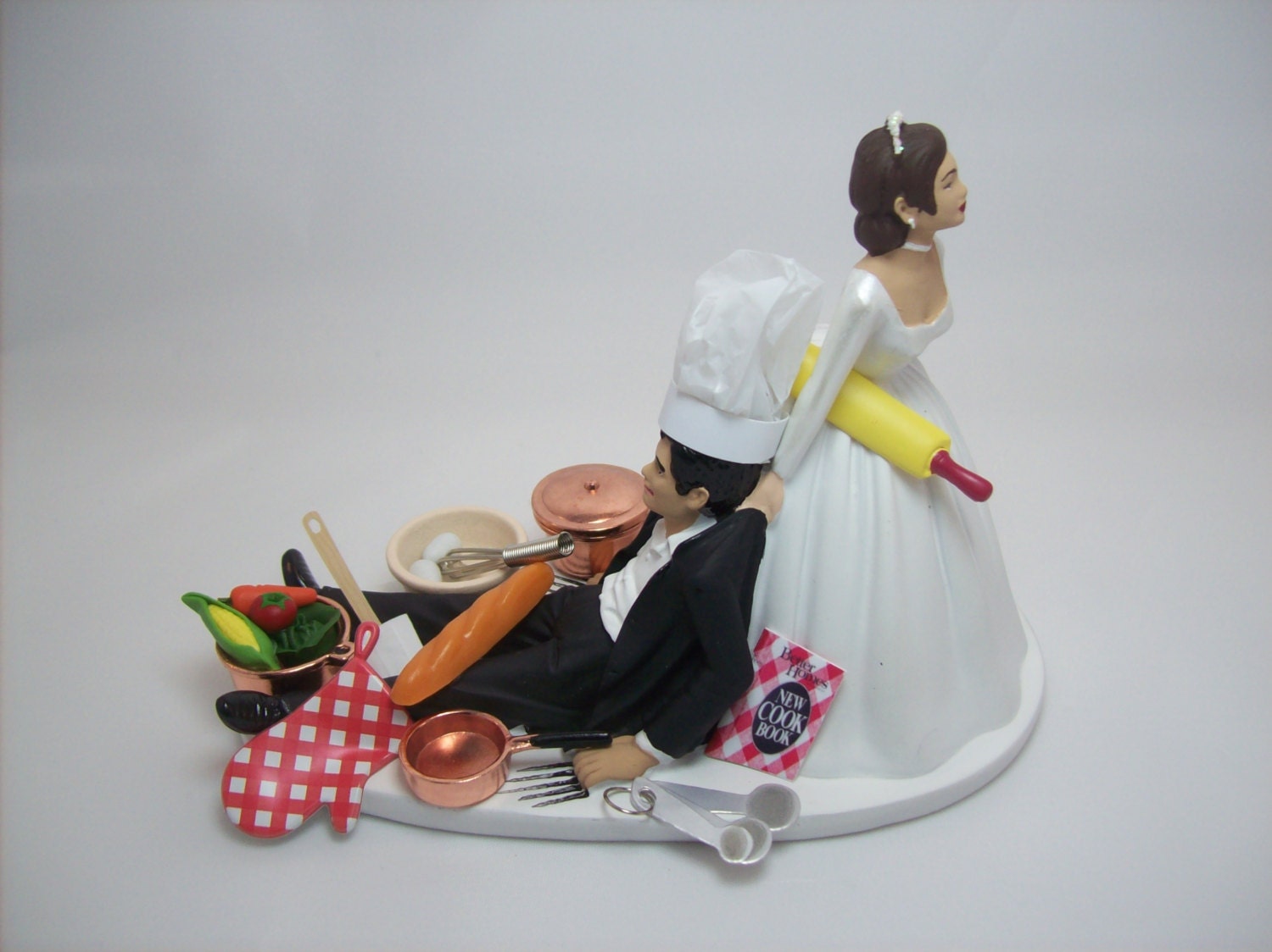 No Cooking Chef Baker Copper Pans Cook Book Tan Hispanic Interracial African American Bride & Groom Wedding Cake Topper Latin Funny Cookbook