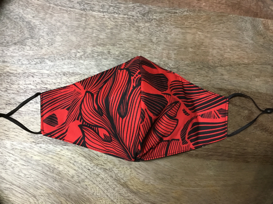 Red Monstera Hawaiian Print Face Mask Adjustable Triple Layer Reversible With Nose Wire