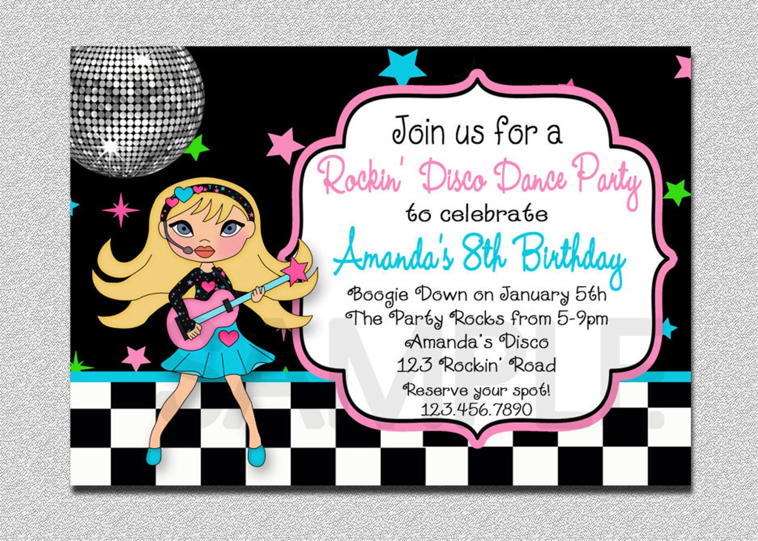 Rock Star Birthday Invitation, Disco Party Girls Dance