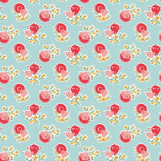 Lori Holt Cook Book Fabric By Riley Blake - Aqua Blue & Red Dishes The 1/2 Yard Or Fat Quarter