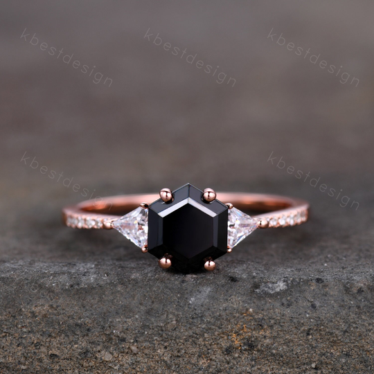 Hexagon Cut Black Onyx Ring Rose Gold Art Deco Triangle Moissanite Black Onyx Engagement Vintage Bridal Promise