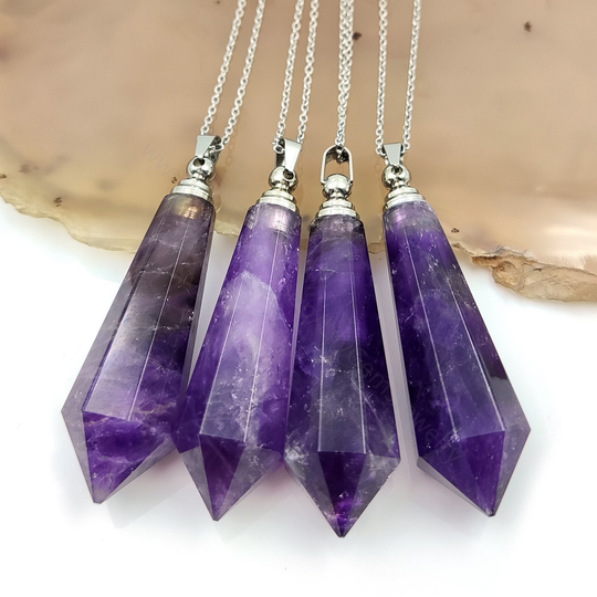 Natural Gemstone Pendulum Perfume Bottle Necklace, Essential Oil Diffuser, Pointed Amethyst Crystal Quartz Vials Y298