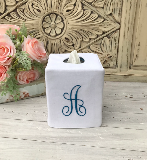 Monogram White Linen/Cotton Blend Reversible Tissue Box Cover