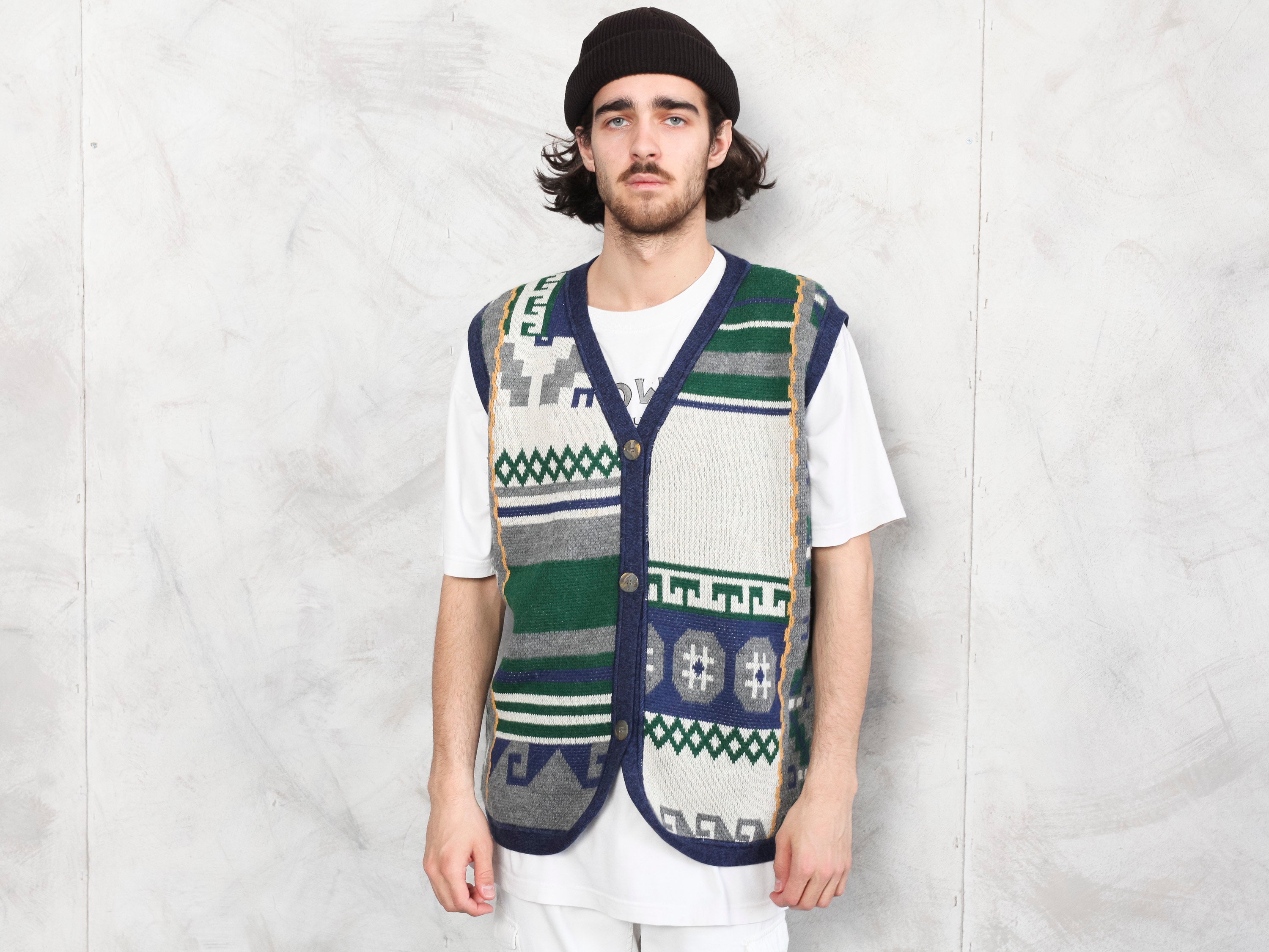 Wool Blend Vest Vintage Bold 90S Button Up Waistcoat Gift Idea Sleeveless Pullover Sweater Men Clothing Size Medium M