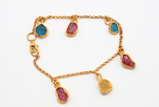 Three Stone Bracelet Apatite & Ruby Silver 925K Sterling Jewelry 24K Gold Over Authentic Bracelet For Women
