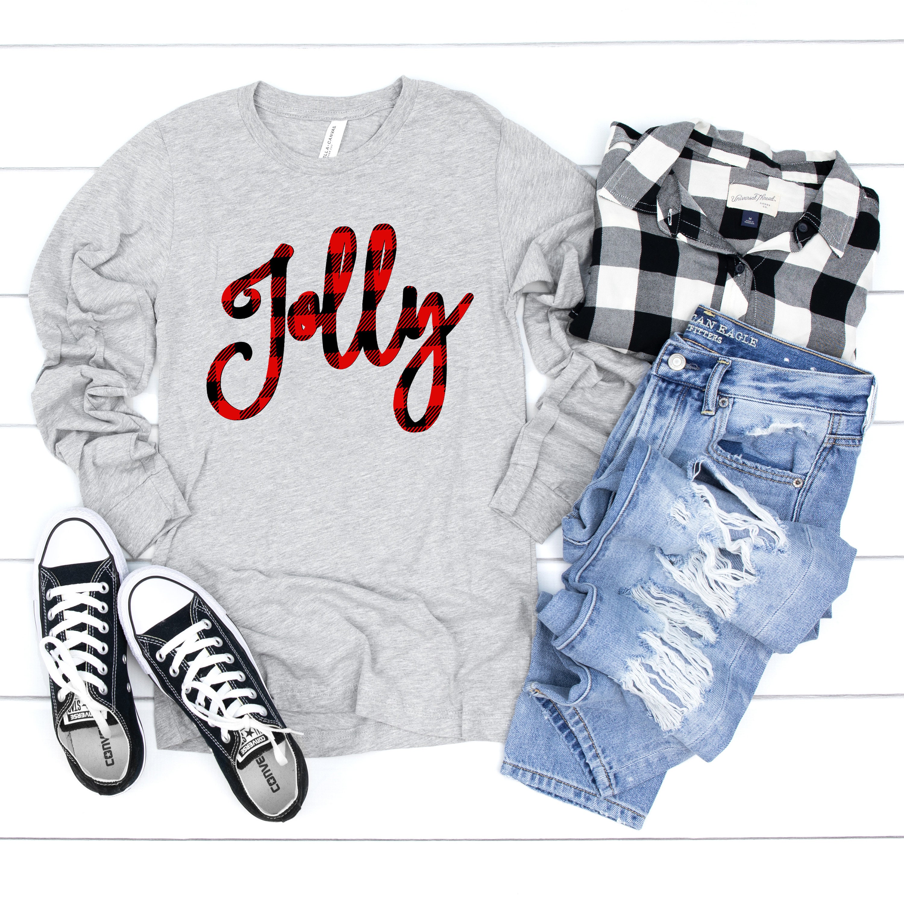 Buffalo Plaid Christmas Shirt, Jolly Top, Womens Cute Tee, Party Outfit, T-Shirt